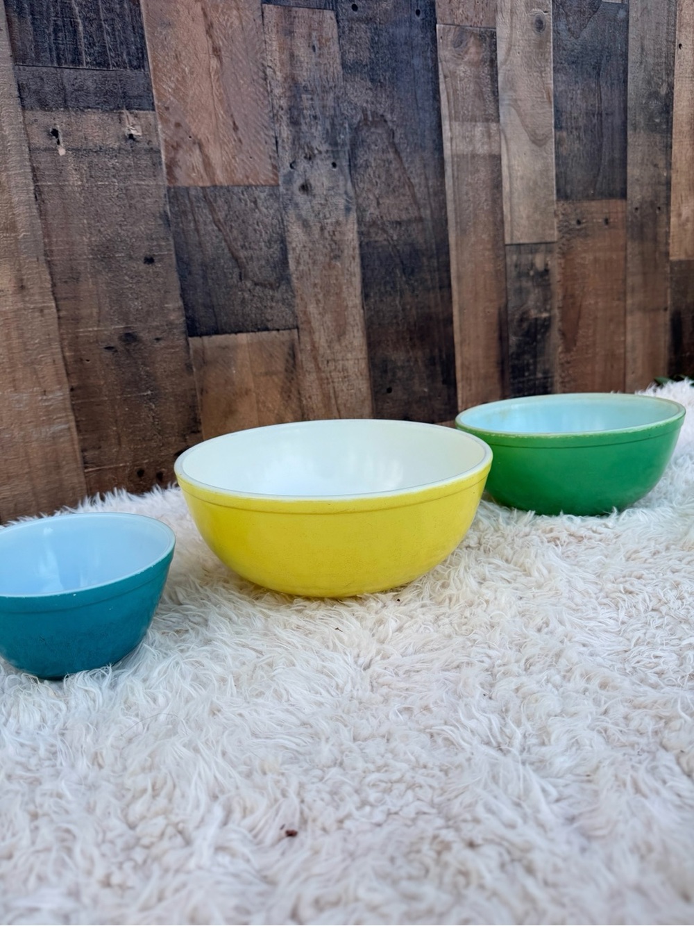 Pyrex Set of Three Colorful Mixing Bowls - Teal, Yellow, Green